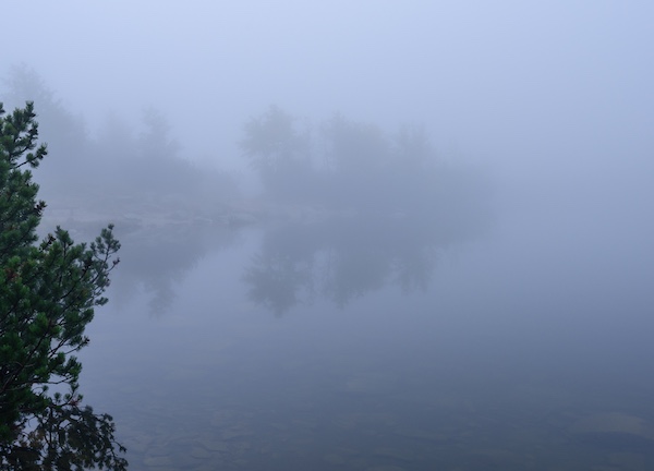 Misty conditions on a lake.
